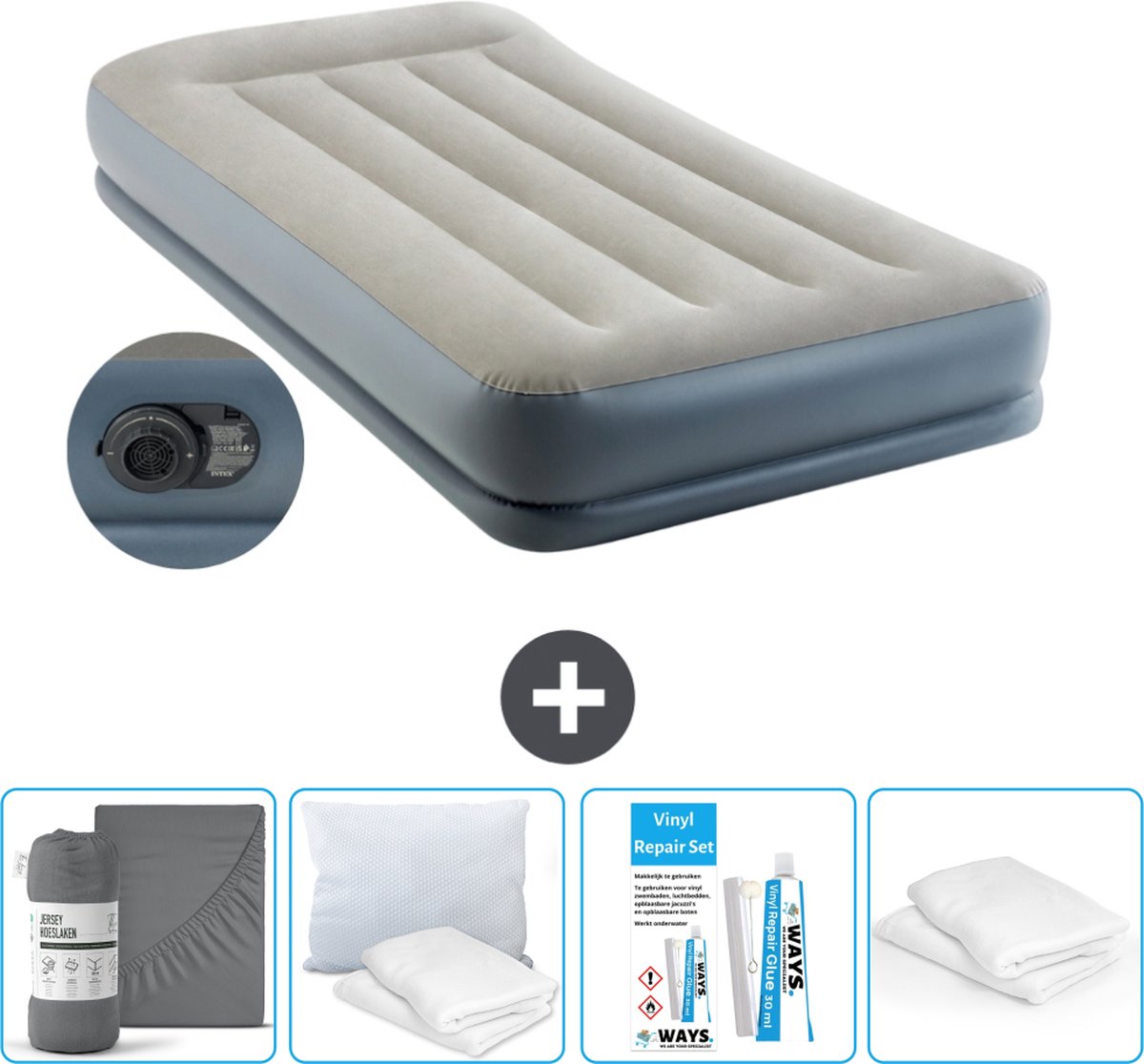 Intex Luchtbed - 1-Persoons - 99 x 191x 30 cm - Grijs - Inclusief pomp - Hoeslaken - Kussen - Reparatieset en Kussenbeschermer