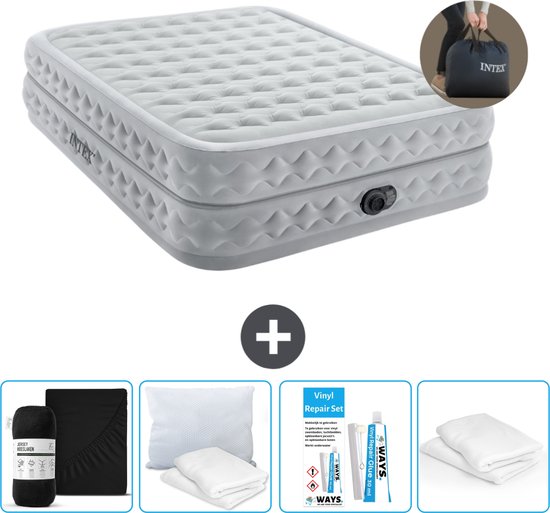 Intex Luchtbed - 2-Persoons - 152 x 203 x 51 cm - Grijs - Inclusief pomp - Hoeslaken - Kussen - Reparatieset en Kussenbeschermer
