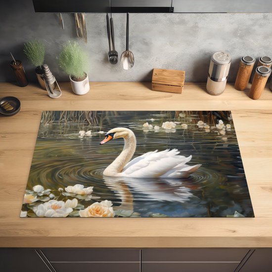 KitchenYeah® Inductie beschermer 81.2x52 cm - Zwaan - Bloemen - Lelie - Dieren - Kookplaataccessoires - Afdekplaat voor kookplaat - Inductiebeschermer - Inductiemat - Inductieplaat mat