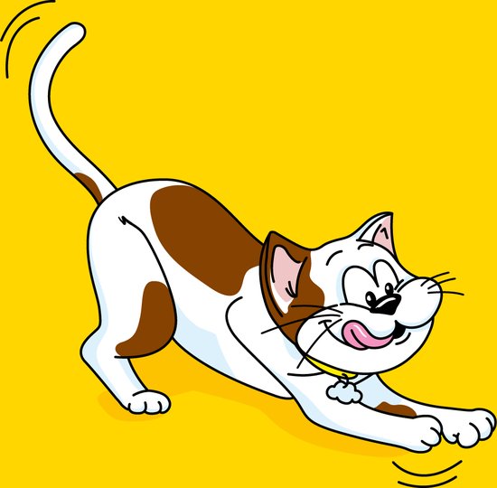 Een witte cartoon kat met bruine vlekken rekt zich uit op gele achtergrond.