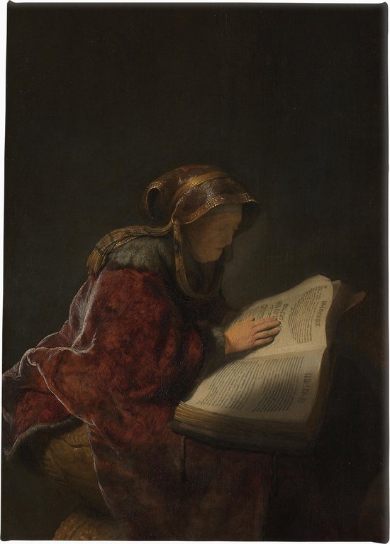 Oude lezende vrouw, waarschijnlijk de profetes Hannah | Rembrandt van Rijn | 1631 | Canvasdoek | Wanddecoratie | 100CM x 150CM | Schilderij | Oude meesters | Foto op canvas