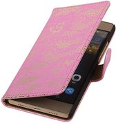 Lace Bookstyle Wallet Case Hoesjes Geschikt voor Huawei Ascend G6 4G Roze