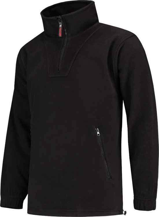Zwarte Tricorp fleece trui met halverwege rits, rode ritsdetail en steekzakken.