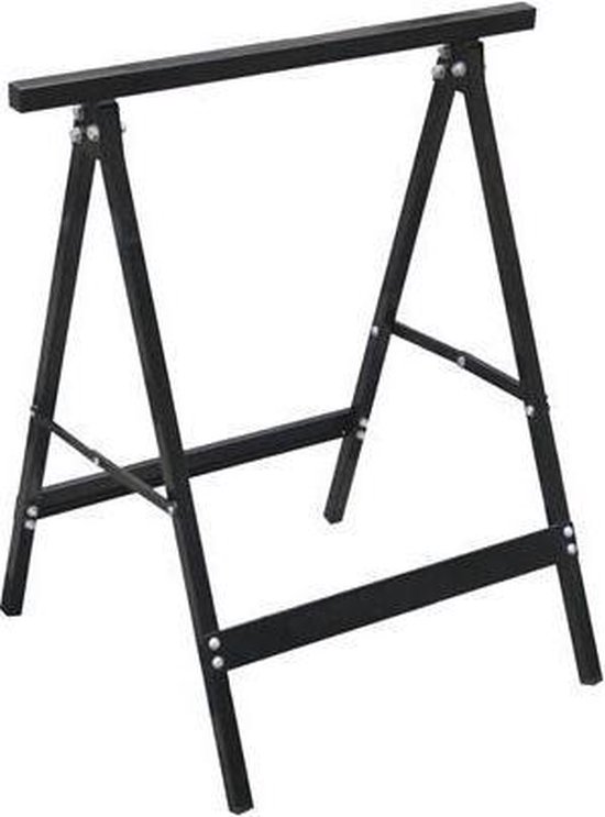 Een zwarte metalen schraag met A-frame constructie.