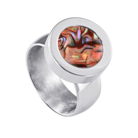 Quiges RVS Schroefsysteem Ring Zilverkleurig Glans 17mm met Verwisselbare Parelmoer Rood Schelp 12mm Mini Munt