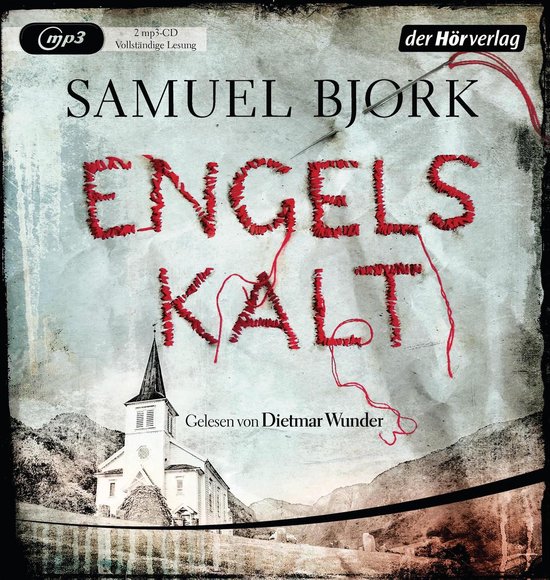 Boekomslag met de titel "ENGELS KALT" in rood borduursel, naam "SAMUEL BJÖRK" en een afbeelding van een kerk.