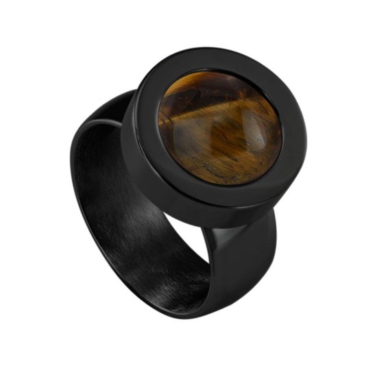 Quiges RVS Schroefsysteem Ring Zwart Glans 20mm met Verwisselbare Tijgersoog Bruin 12mm Mini Munt