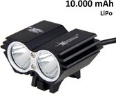 SolarStorm X2 MTB/race LED koplamp 2x CREE T6 LED klein maar EXTREEM veel licht - USB aansluiting - met 10.000mAh LiPo powerbank - Zwart