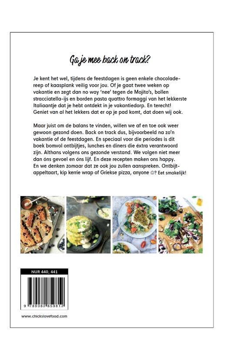 Vier foto's van eten: gebak met blauwe bessen, pannenkoeken met bessen, gegrilde vis met groenten en wraps met groenten.