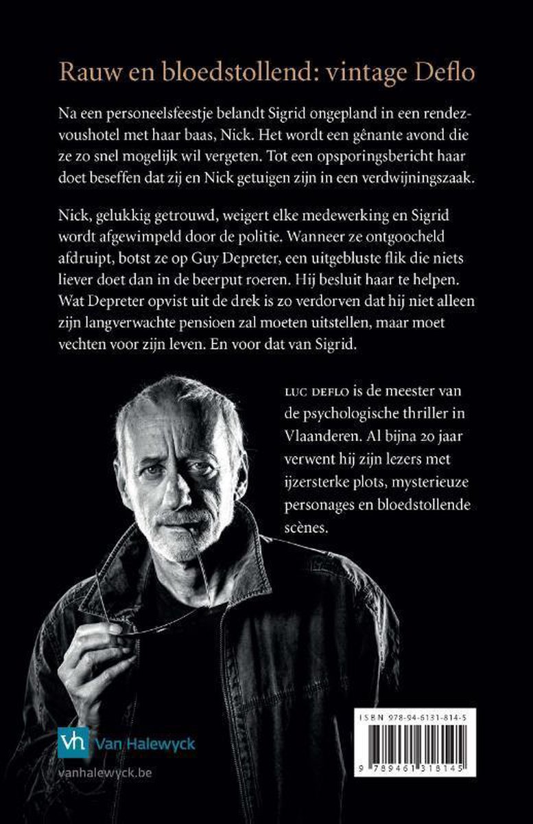 Achterkant boek 'Verdorven' met foto van Luc Deflo, auteur van psychologische thrillers.