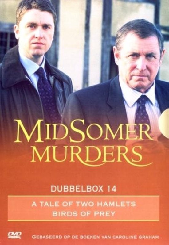 Midsomer Murders Dubbelbox 14 met twee afleveringen: A Tale of Two Hamlets en Birds of Prey. Twee mannen staan op de voorgrond.
