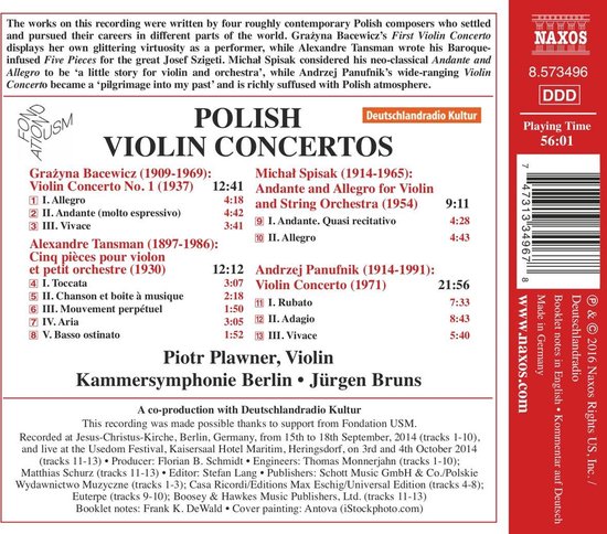 Achterkant van CD-hoes met tracklist en details van de opname. Tekst: 'POLISH VIOLIN CONCERTOS'.