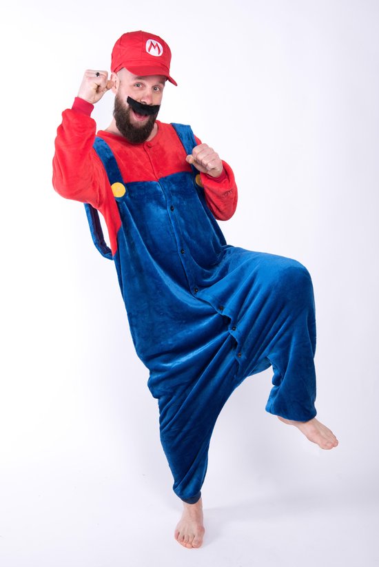 KIMU Onesie Rood Blauwe Overall met Pet - Maat L-XL - Pak Kostuum Jumpsuit Huispak Fleece Pyjama Volwassenen Heren Dames Mario Loodgieter Sinterklaas Kado
