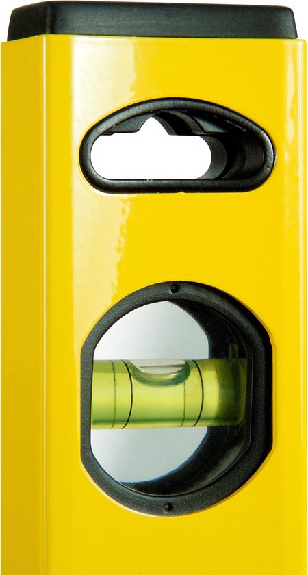 Close-up van de gele Stanley waterpas, met focus op de bubbelnivelleerder.