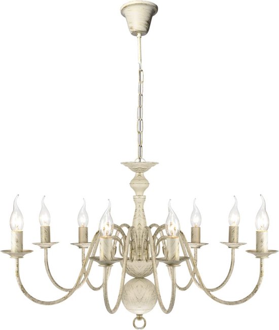 Wit metalen kroonluchter met 8 armen en vlamvormige lampen.