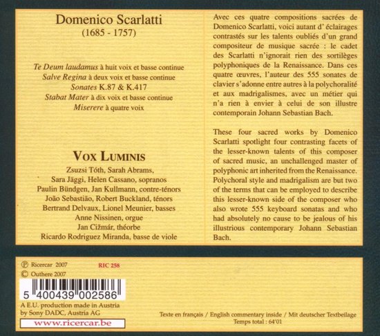 Albumhoes met titel Domenico Scarlatti, Te Deum Laudamus, Salve Regina, Sonates K.87 & K.417, Stabat Mater, Miserere, Vox Luminis. Verder informatie over artiesten en tracklist.