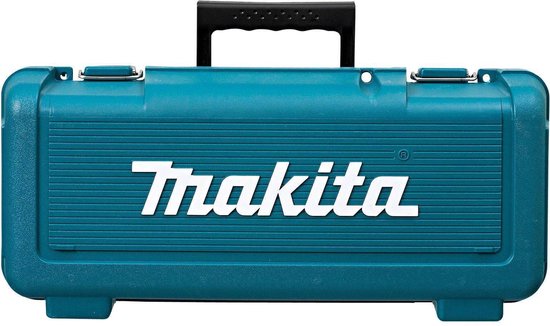 Turquoise Makita opbergkoffer met handvat en gespen.