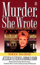 Boekomslag van "Murder, She Wrote: Knock 'Em Dead" met Jessica Fletcher en het Broadway-theater.