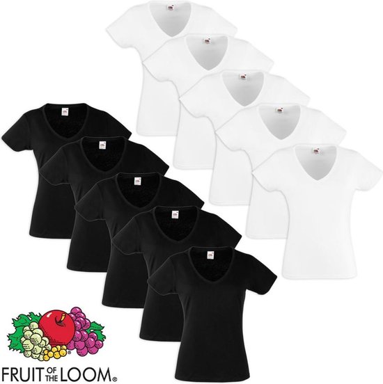 Fruit of the Loom 10 Value Weight Dames V-hals T-shirt zwart/wit XL