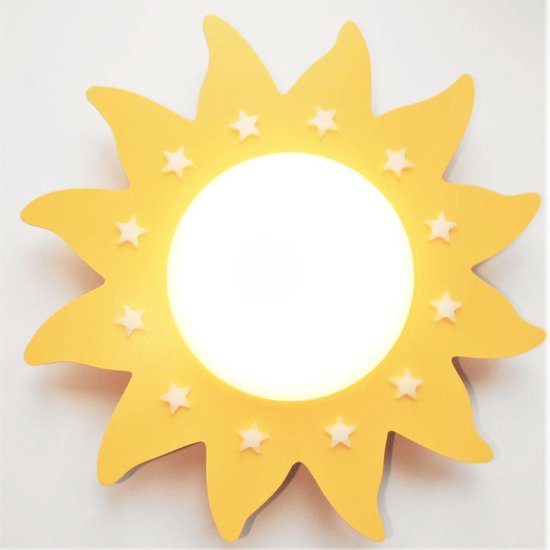 Funnylight kids baby en kinder lamp LED Du Soleil zon geel - Trendy plafonniere voor de jongens en meisjes kamer met witte glow in the dark sterren