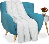 relaxdays knuffeldeken bont look - fleece deken - woondeken - plaid - grand foulard sprei Wit-Grijs, 150x200cm