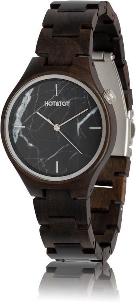 HOTTOT | Foresta - Houten horloge - 40mm - Zwart marmer - Ebben hout - Zilver