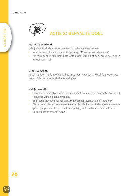 Pagina 20: Titel "ACTIE 2: BEPAAL JE DOEL". Gebruik van tekst en iconen om de presentatie te structureren.