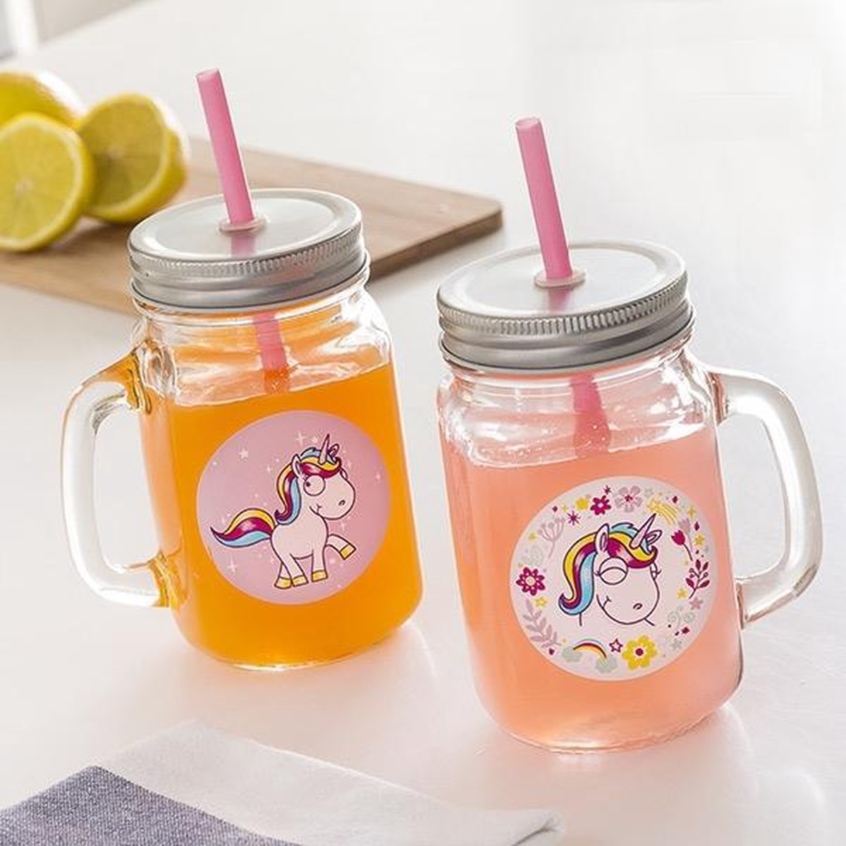 Unicorn Drinkglazen met Rietje 2 Stuks Assorti