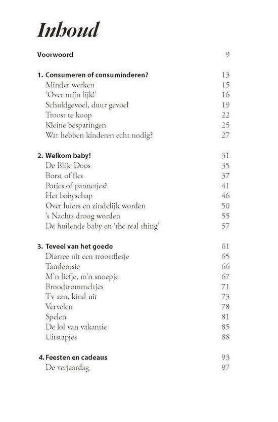Inhoudsopgave met hoofdstukken over consuminderen, welkomstbaby, spullen en feesten.