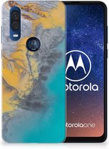 Motorola One Vision TPU Siliconen Hoesje Marmer Blauw Goud