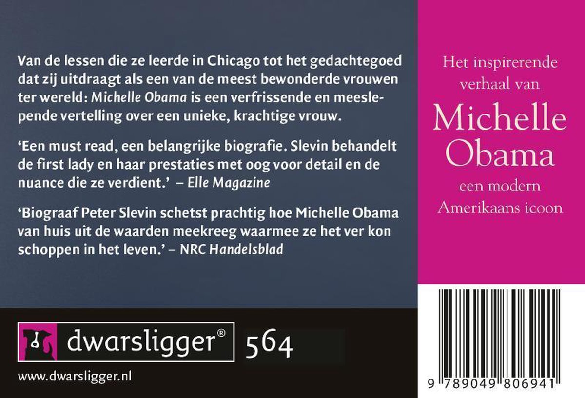 Achterkant van een boek over Michelle Obama, met tekst en een barcode.