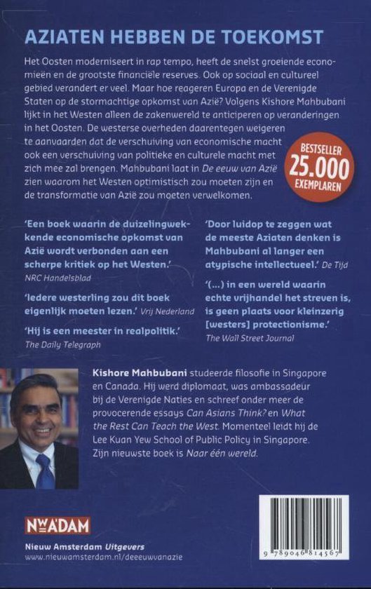 Achterkant van een boek met tekst, een foto van Kishore Mahbubani en een afbeelding van een Nederlandse uitgever.