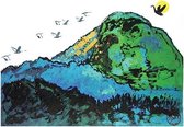 Schilderij Groene berg met zwaan/vogels