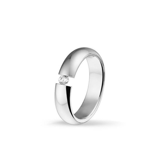 TRESOR Bolle blinkende ring met in zaagsnede een Swarovski ziconia steen geklemd - Gerhodineerd sterling zilver - 5mm breed.