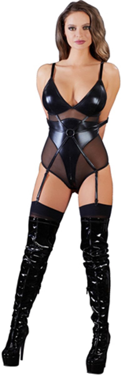 Goedkoopste Cottelli Collection – Bondage Jarretel Body Wetlook met Elleboog Riemen en Tepel Sluiting – Maat L – Zwart