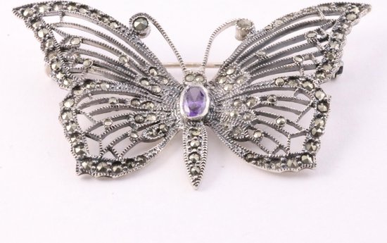 zilveren vlinder broche met amethist en marcasiet | bol.com