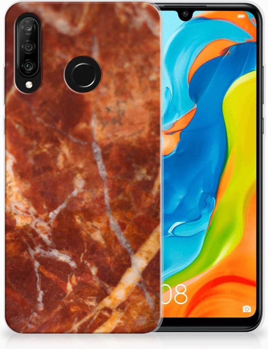Back Cover voor Huawei P30 Lite TPU Siliconen Hoesje Marmer Bruin