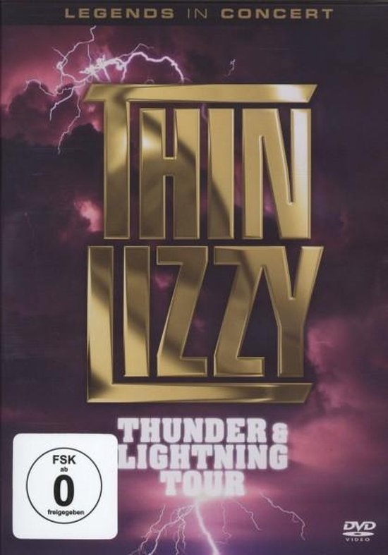 Thin Lizzy - Thunder & Lightning Tour DVD-hoes met gouden logo en donkere, onweerachtige achtergrond.