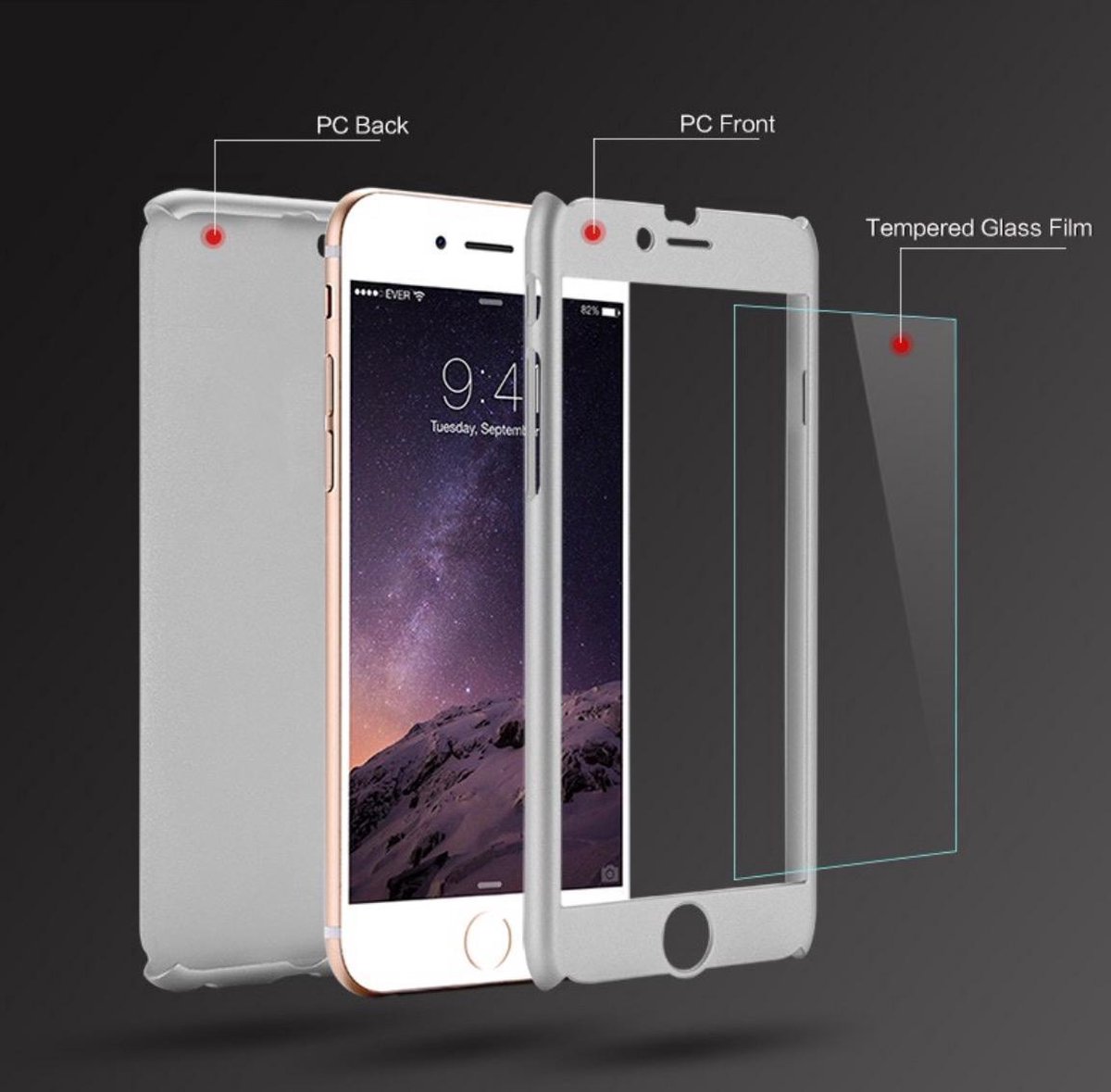 Zilver grijze full cover case, 360 graden hoesje geschikt voor iPhone 6 / 6S