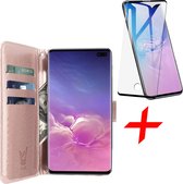 Hoesje geschikt voor Samsung Galaxy S10 Plus - Screen Protector FullGuard - Book Case Leer Pasjeshouder Rosegoud & Screenprotector