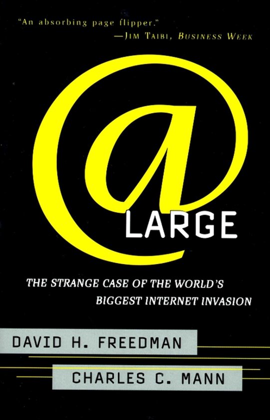 Boekomslag van "At Large" met een grote gele "@" en de tekst "LARGE". Ondertitel: "The Strange Case of the World's Biggest Internet Invasion".