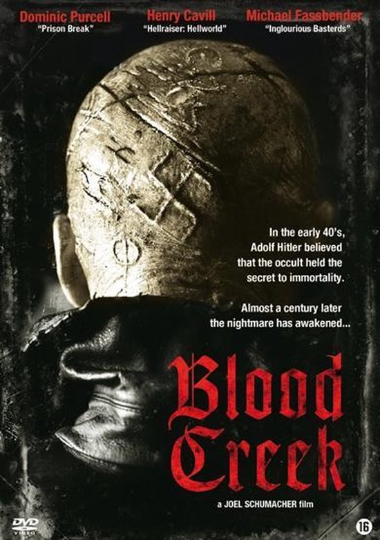DVD-hoes van de film Blood Creek met een gegeseld hoofd op de voorkant. De film gaat over de vroege jaren '40 en de zoektocht naar onsterfelijkheid.
