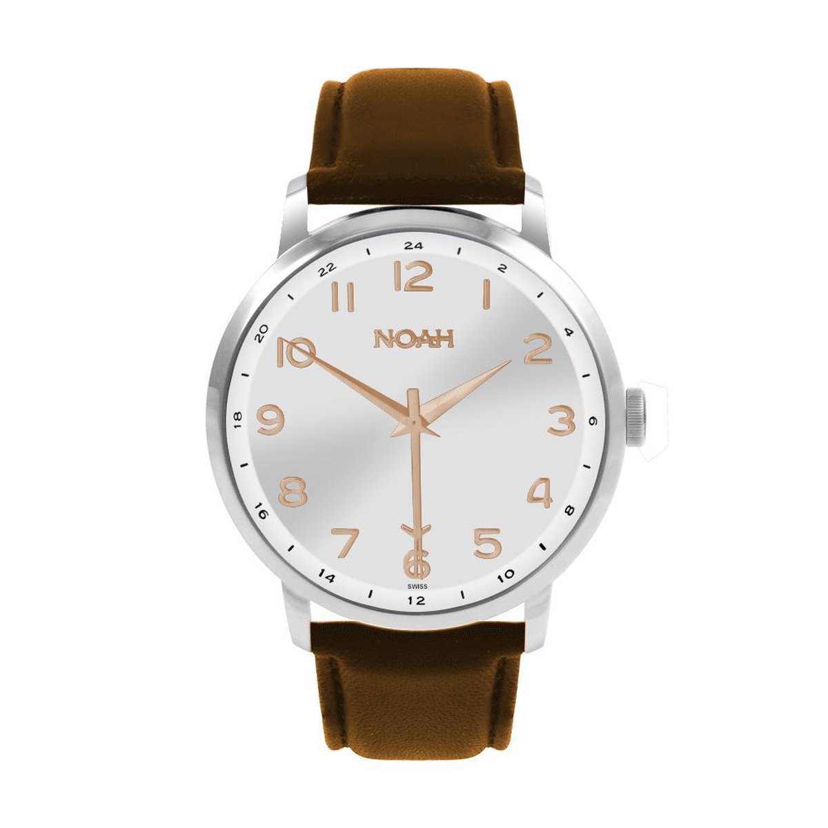 NOAH Slim Line GMT Silver Rose leather - horloge met soepele lederen band - Ø 43 mm - rose-zilver