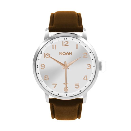 NOAH Slim Line GMT Silver Rose en cuir - montre avec bracelet en cuir souple - Ø 43 mm - rose / argent