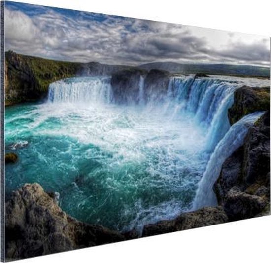 Wanddecoratie Metaal - Aluminium Schilderij Industrieel - IJsland - Watervallen - Blauw - 120x80 cm - Dibond - Foto op aluminium - Industriële muurdecoratie - Voor de woonkamer/slaapkamer
