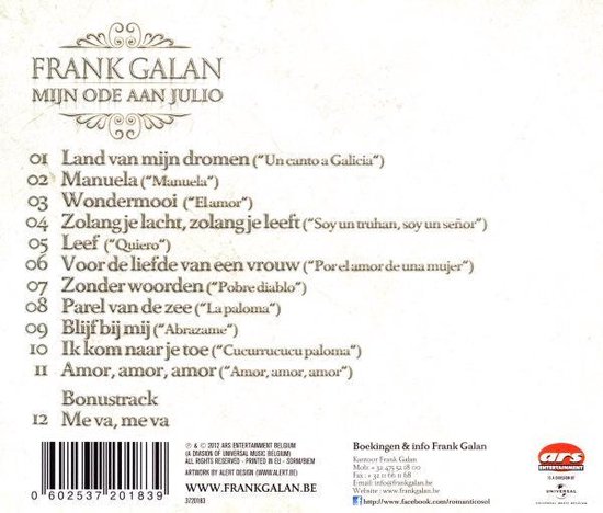 Achterkant van de CD hoes met lijst van nummers op Frank Galan's 'Mijn Ode Aan Julio'.