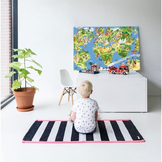 Aluminium schilderij 80x60 cm - Wanddecoratie metaal - Wereldkaart - Kinderen - Natuur - Dieren - Blauw - Groen - Metalen muurdecoratie woonkamer - Decoratie industrieel - Foto op dibond - Industriële accessoires slaapkamer