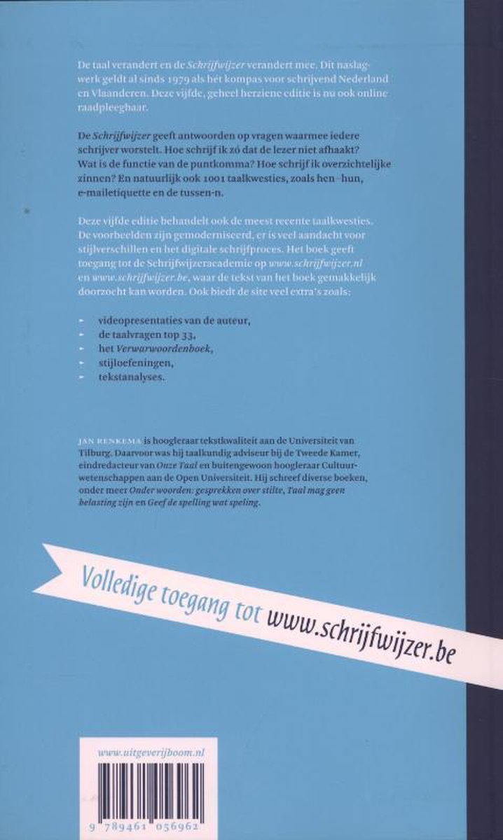 Achterkant van een boek met titel 'Schrijfwijzer', auteursnaam en website.