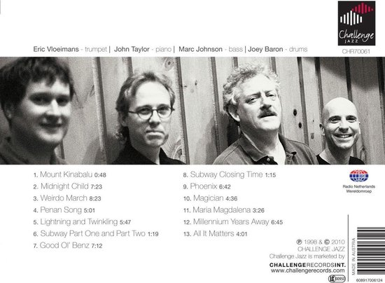 Vier mannen, waarschijnlijk een jazzband. Titels van de nummers en 'Challenge Jazz' logo.