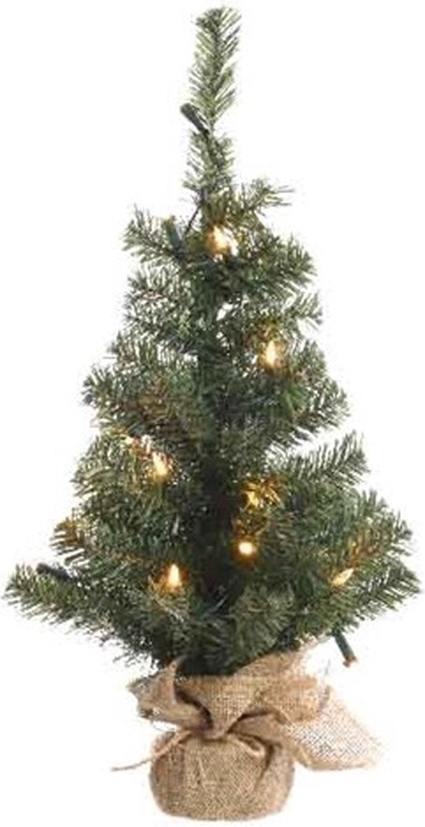Everlands mini kunstkerstboom - 60 cm hoog - In jute zak - Met verlichting  | bol.com